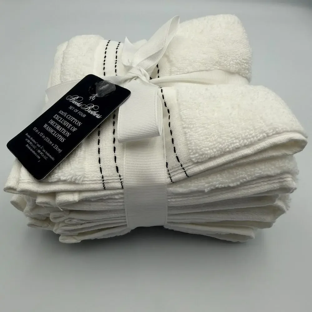 Brooks Brothers 100% Cotton Washcloths Set of 4 White Black Stitch 13x13